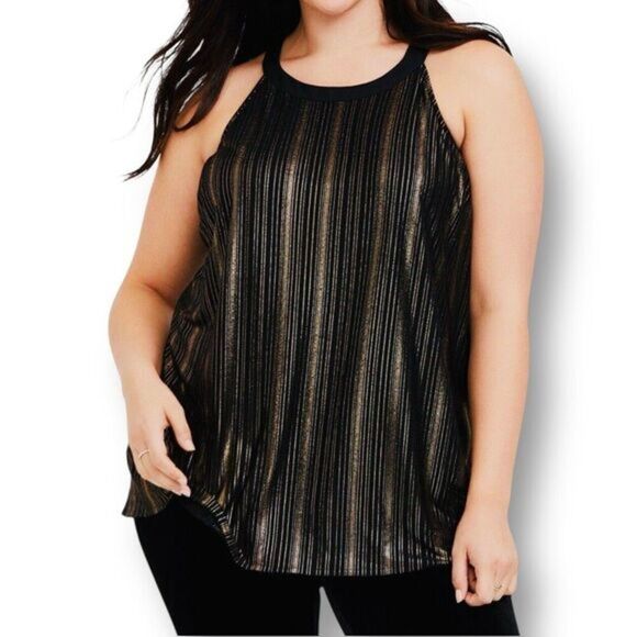Torrid 3X Black Gold Metallic Stripe Halter Top Sleeveless Shiny Party Blouse - Picture 1 of 12